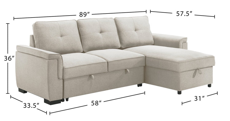 Sofa-lit sectionnel réversible Eden 2 pièces en tissu avec fauteuil long de rangement et coussins de dossier amovibles - taupe