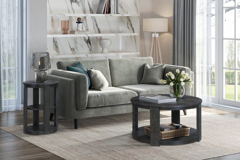 Table de bout ronde Declan moderne de 18 po avec tablette - noire