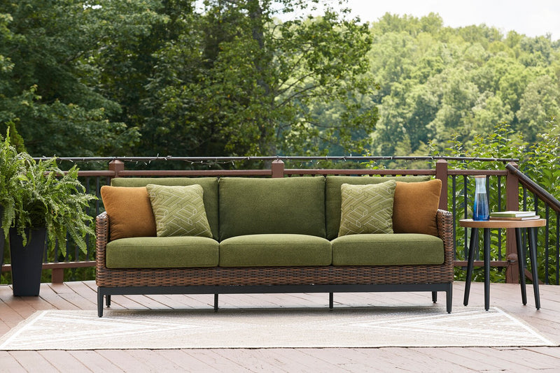 Sofa Tofino pour la terrasse à l’extérieur - osier en résine, résistant aux rayons UV et aux intempéries - vert, brun et noir