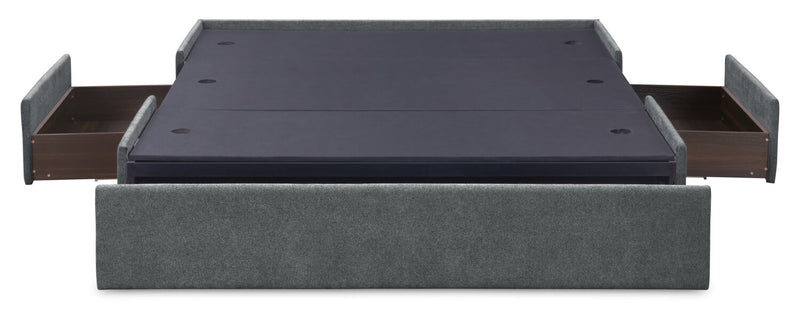 Lit de rangement Amos rembourré en tissu anthracite avec tête de lit capitonnée et 3 tiroirs intégrés - format très grand lit