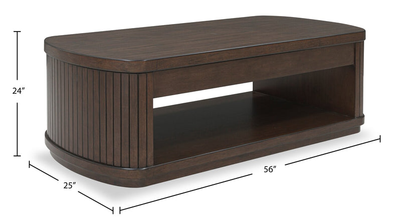 Table à café moderne Vernon de 56 po en bois massif avec dessus relevable, rangement, tablette et roulettes - brun foncé