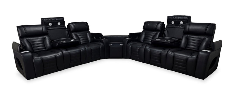 Sofa sectionnel à inclinaison électrique Zen 3 pièces en tissu d’apparence cuir avec massage et 2 consoles rabattables - noir
