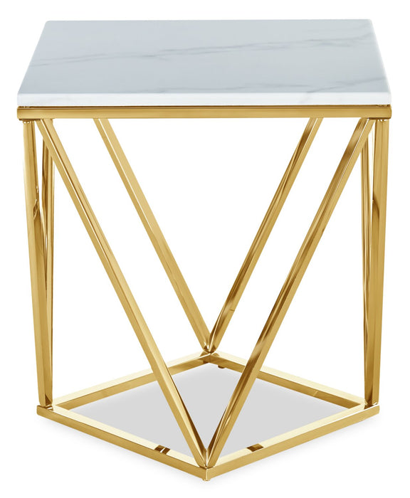 Table de bout carrée moderne Amanda de 21,5 po - dessus en marbre blanc avec base en métal doré