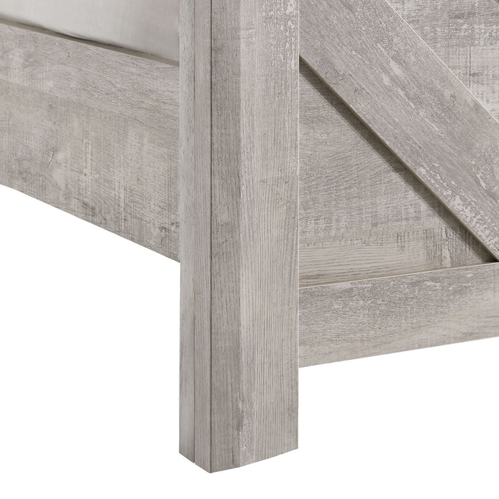 Ensemble de chambre à coucher Lark 5 pièces blanc rustique avec lit à panneaux, commode et miroir - format grand lit