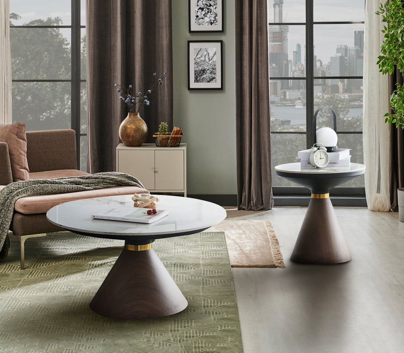 Table à café ronde moderne Alwin de 31,5 po avec dessus en pierre frittée blanche - brune