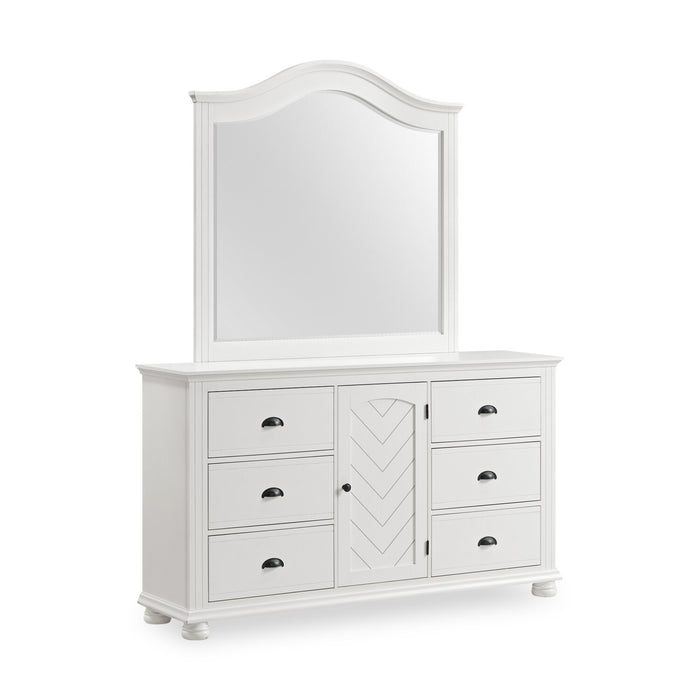 Ensemble de chambre à coucher Ella 6 pièces blanc avec lit à panneaux, commode, miroir et table de nuit - format très grand lit
