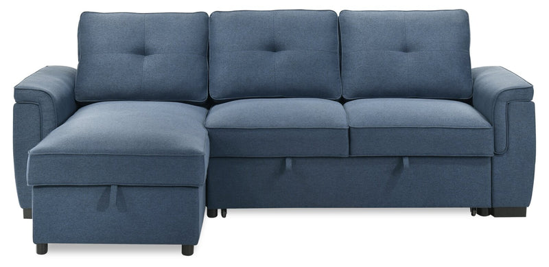 Sofa-lit sectionnel réversible Eden 2 pièces en tissu avec fauteuil long de rangement et coussins de dossier amovibles - bleu