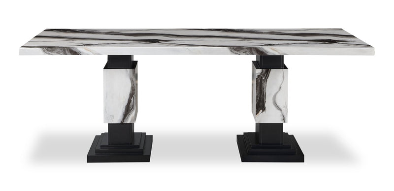 Ensemble de salle à manger Vega 7 pièces avec table de 82 po (L), imitation de marbre, base piédestal et 6 chaises - noir et blanc