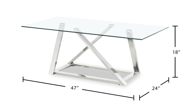 Table à café moderne Briar de 47 po avec dessus en verre - argentée