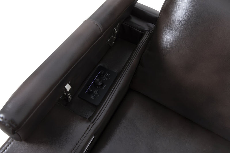 Fauteuil à inclinaison électrique Scott Living Escape de 39 po avec appuie-tête électrique et son ambiophonique - tissu d’apparence cuir brun foncé