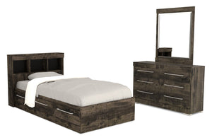 Ensemble lit matelot Riley 5 pièces avec tête de lit bibliothèque, commode et miroir, gris - format lit simple