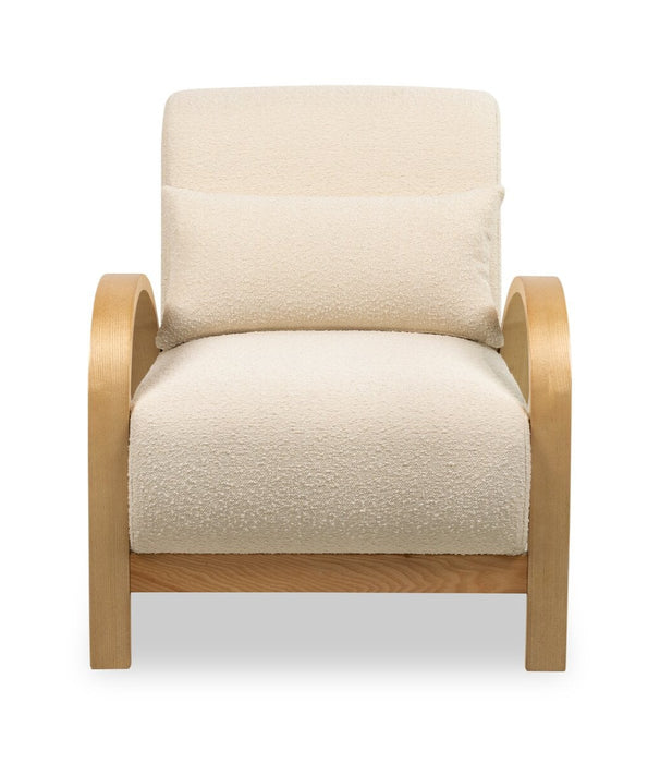 Fauteuil d’appoint Loft de 27,55 po en tissu bouclé avec coussin décoratif, accoudoirs et pattes en bois - blanc