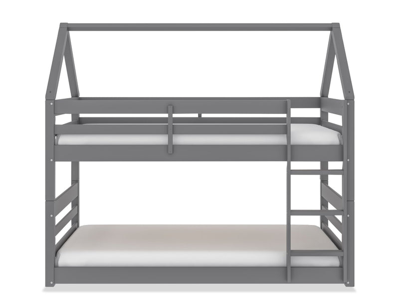 Lits simples superposés Gemma en forme de maison avec toit, échelle intégrée et garde-corps pour enfants - gris