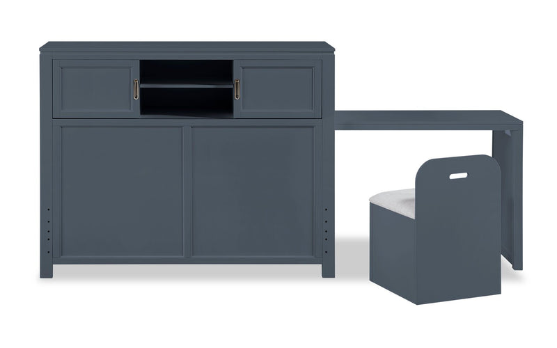 Lit plateforme Quinn avec tête de lit bibliothèque, bureau intégré et tabouret, bleu - format lit double
