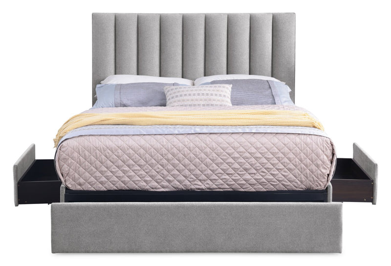 Base de lit de rangement Amos rembourrée en tissu gris avec 3 tiroirs intégrés - format lit double