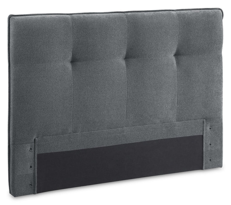 Lit plateforme Amos rembourré en tissu anthracite avec tête de lit capitonnée - format très grand lit