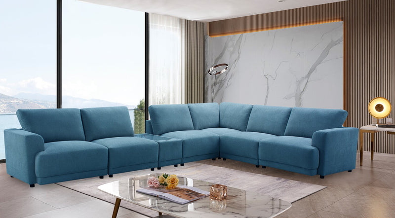 Sofa sectionnel modulaire Voyage 7 pièces en tissu avec console et coussins de dossier amovibles - bleu