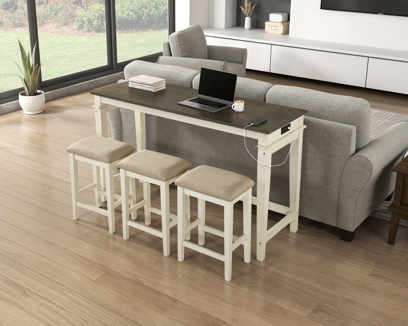 Console contemporaine Nyles de 60 po avec 3 tabourets de hauteur comptoir et ports USB - babeurre