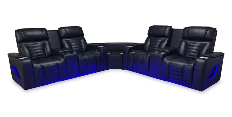 Sofa sectionnel à inclinaison électrique Zen 3 pièces en tissu d’apparence cuir avec massage et 2 consoles à compartiment réfrigéré - noir