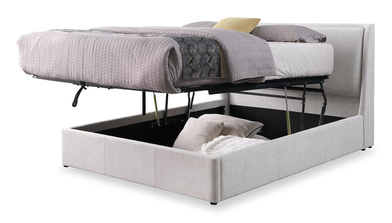 Lit plateforme rembourré Nico en tissu de polyester Taupe avec rangement et levage hydraulique - format grand lit