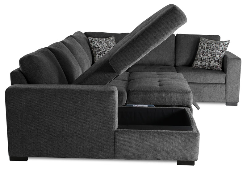 Sofa-lit sectionnel de gauche Legend 4 pièces fabriqué au Canada en tissu de chenille avec fauteuil long de rangement - gris poivre