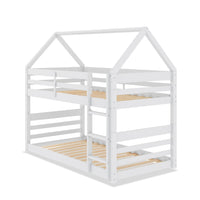 Lits simples superposés Gemma en forme de maison avec toit, échelle intégrée et garde-corps pour enfants - blancs