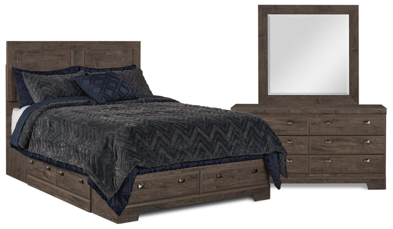 Ensemble de chambre à coucher Yorkdale 5 pièces avec lit de rangement à 6 tiroirs, commode et miroir, gris - format lit double