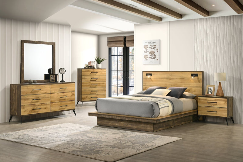 Lit plateforme Silas brun rustique avec tête de lit, cadre et éclairage à DEL - format lit double