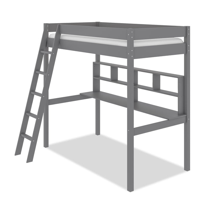 Lit mezzanine Brody gris avec bureau intégré, échelle et garde-corps pour enfants et adolescents - format lit simple