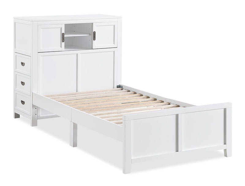 Lit plateforme Quinn avec tête de lit bibliothèque, bureau intégré et tabouret, blanc - format lit simple