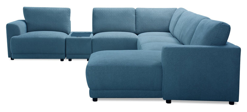 Sofa sectionnel modulaire de gauche Voyage 7 pièces en tissu avec console et coussins de dossier amovibles - bleu