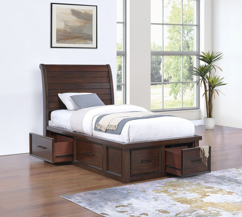 Lit plateforme Sonoma avec rangement des 2 côtés, tête de lit et cadre de lit, brun manguier - format lit simple