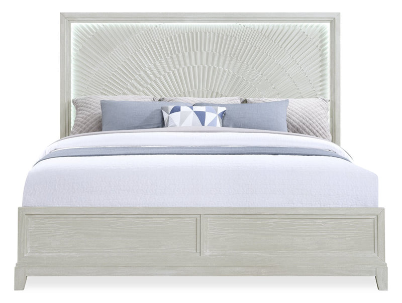 Ensemble de chambre à coucher Vida 5 pièces sable avec lit à panneaux, commode et miroir - format très grand lit