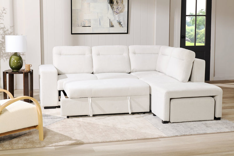 Sofa-lit sectionnel de droite Coast 3 pièces en tissu blanc ivoire avec fauteuil long de rangement et accoudoir de rangement