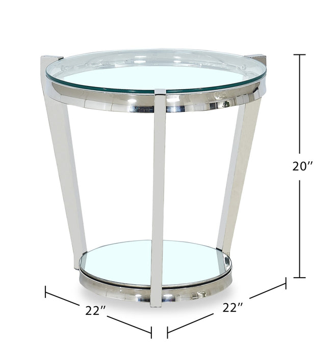 Table de bout ronde moderne Yonge de 22 po avec dessus en verre et tablette - fini chromé avec acier inoxydable