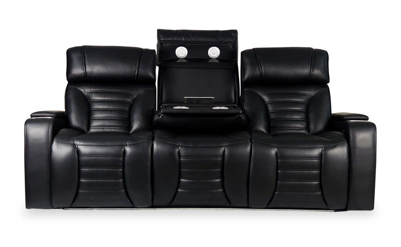 Sofa de massage à inclinaison électrique Zen de 86 po en tissu d’apparence cuir avec appuie-têtes électriques et console rabattable - noir
