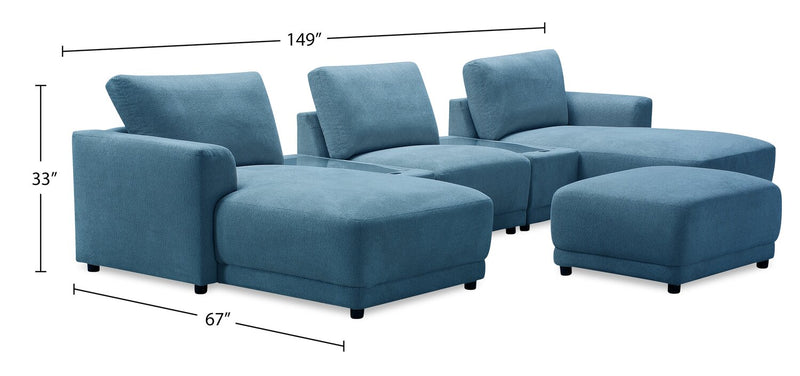 Sofa sectionnel modulaire de gauche Voyage 6 pièces en tissu avec console et pouf - bleu