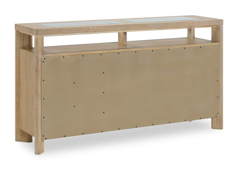 Desserte de salle à manger Aspen de 64 po (L) avec supports à vin et à verres à pied, 3 tiroirs et 2 portes - naturelle