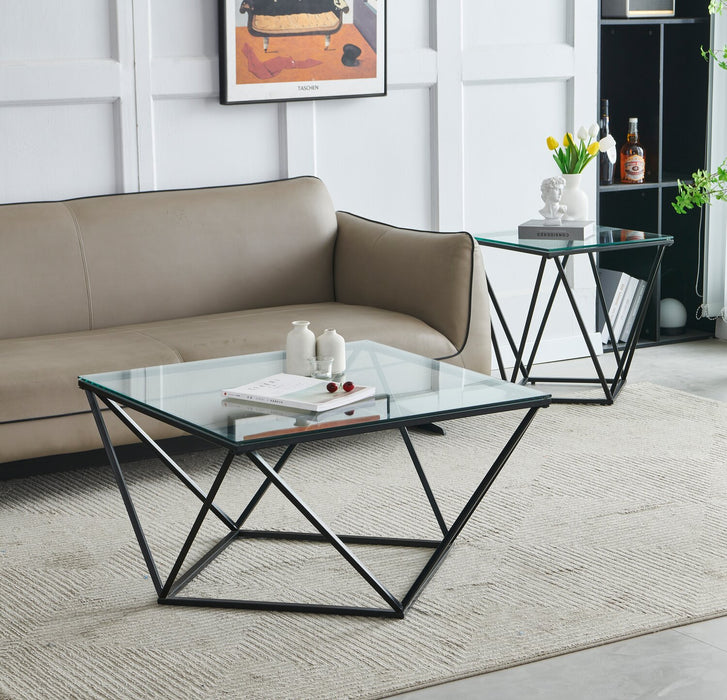 Table à café moderne Prism de 31,5 po avec dessus en verre - verre avec base en métal 