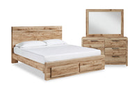 Ensemble de chambre à coucher Derekson 5 pièces naturel avec lit de rangement, commode et miroir - format grand lit