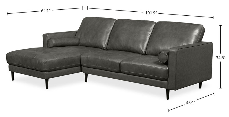 Sofa sectionnel de gauche Edge 2 pièces en cuir véritable avec pattes en bois et coussins de dossier amovibles - gris