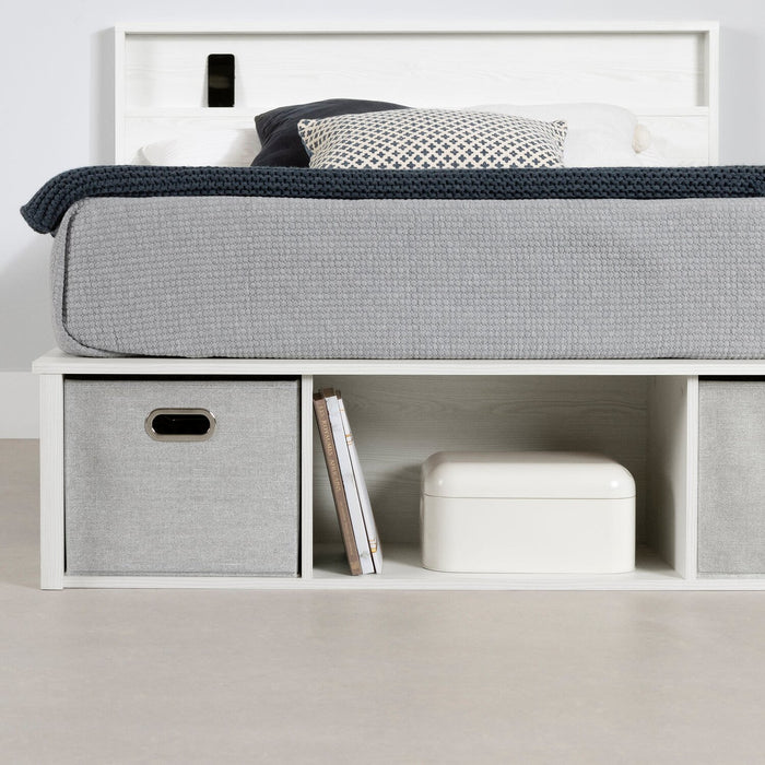 Ensemble lit plateforme et tête de lit à panneau Everley avec rangement et paniers intégrés, blanc - format lit double