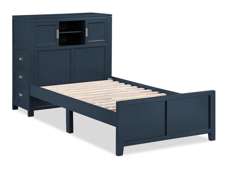Lit plateforme Quinn avec tête de lit bibliothèque, bureau intégré et tabouret, bleu - format lit simple