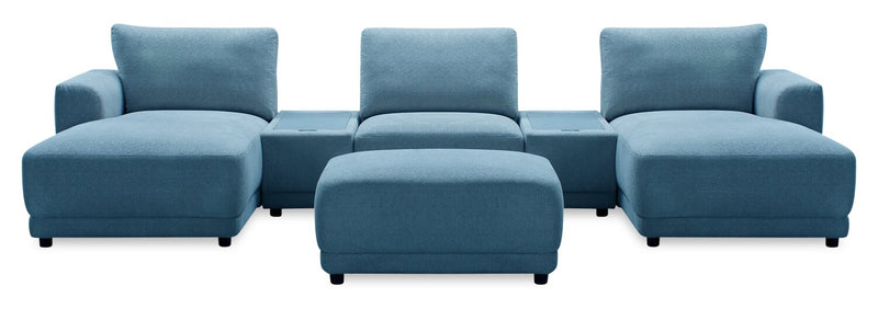 Sofa sectionnel modulaire de gauche Voyage 6 pièces en tissu avec console et pouf - bleu