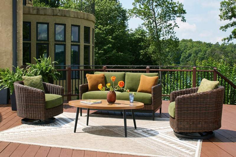 Fauteuil pivotant Tofino pour la terrasse à l’extérieur - osier en résine, résistant aux rayons UV et aux intempéries - vert, brun et noir