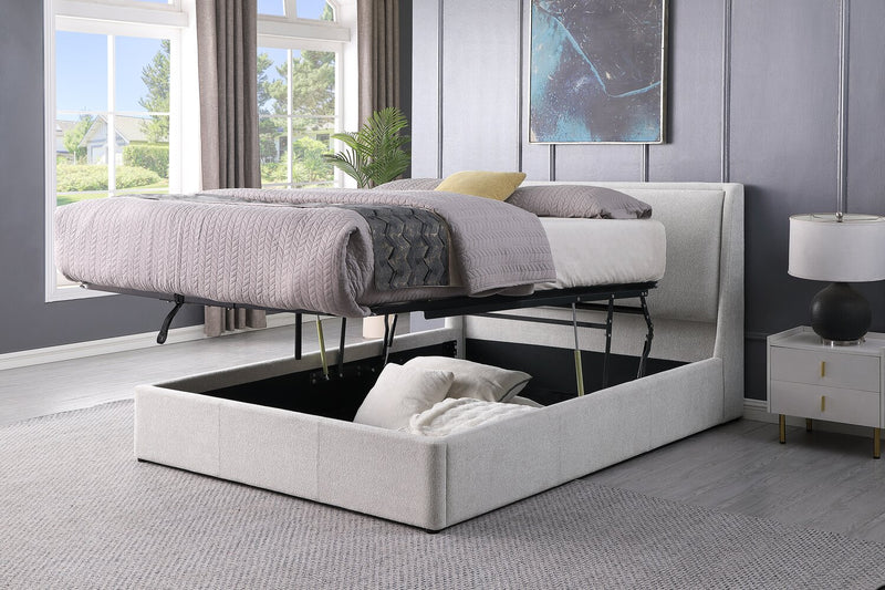 Lit plateforme rembourré Nico en tissu de polyester Taupe avec rangement et levage hydraulique - format grand lit