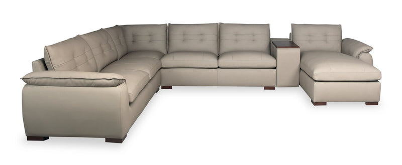 Sofa sectionnel modulaire de droite Raya 5 pièces en cuir véritable avec console de rangement et pattes en bois - beige pierre