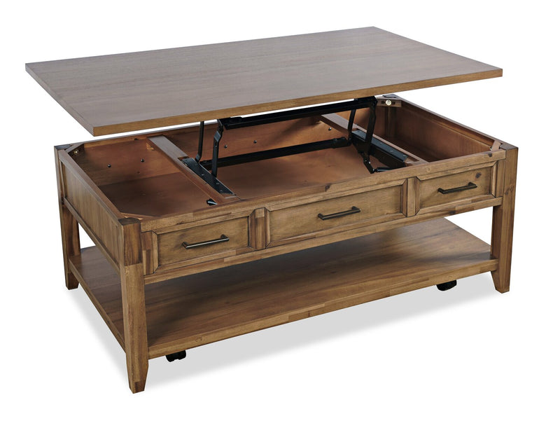 Table à café rustique Nathan de 47,25 po avec dessus relevable, rangement et roulettes - brun clair