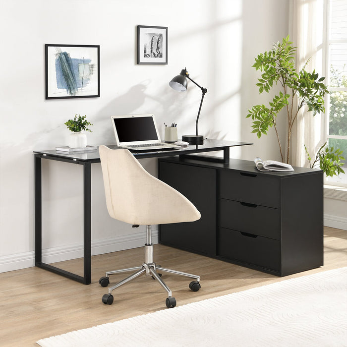 Bureau en forme de L Daniel de 55.11 po avec dessus en verre et rangement - noir