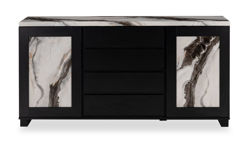 Desserte de salle à manger Vega de 66 po (L) avec rangement et 4 tiroirs - noire et blanche